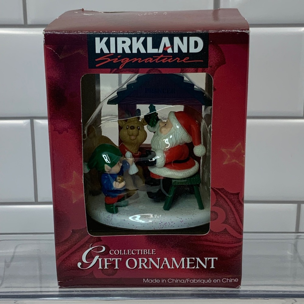 Vintage Kirkland Signature Santa Reindeer Elf Gift Ornament Resin 5in Box